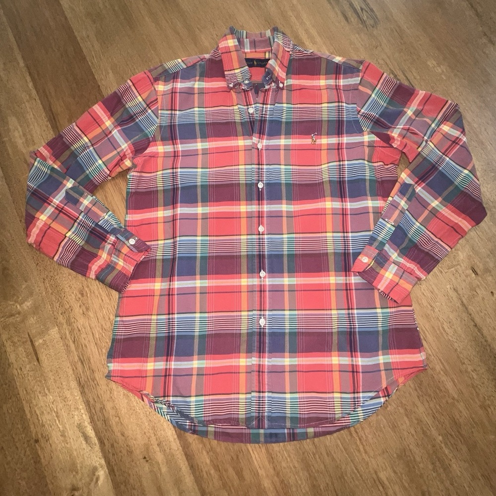 Men's‎ Medium Ralph Lauren Button Up Plaid 100% Cotton Blues Reds Polo Horse